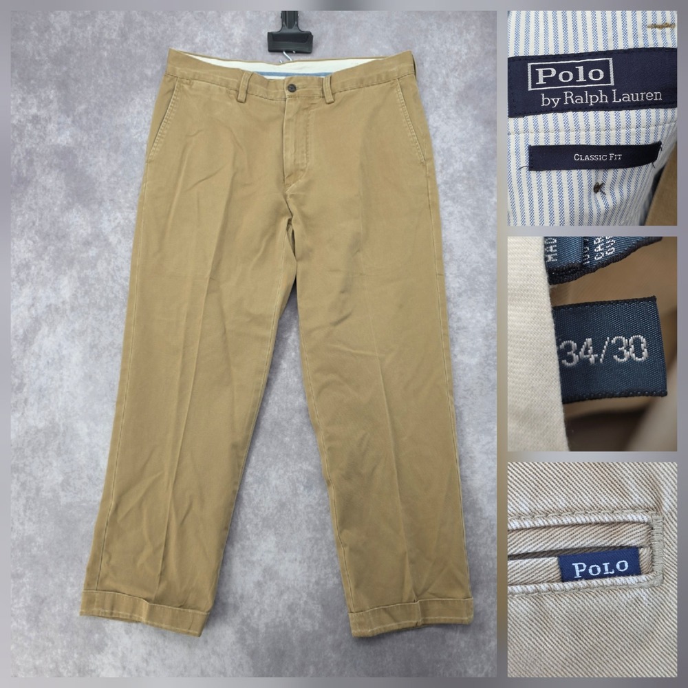 Polo Ralph Lauren Chino Pants Mens 34x30 Khaki Cuffed Straight Leg Tan Fit 34x28